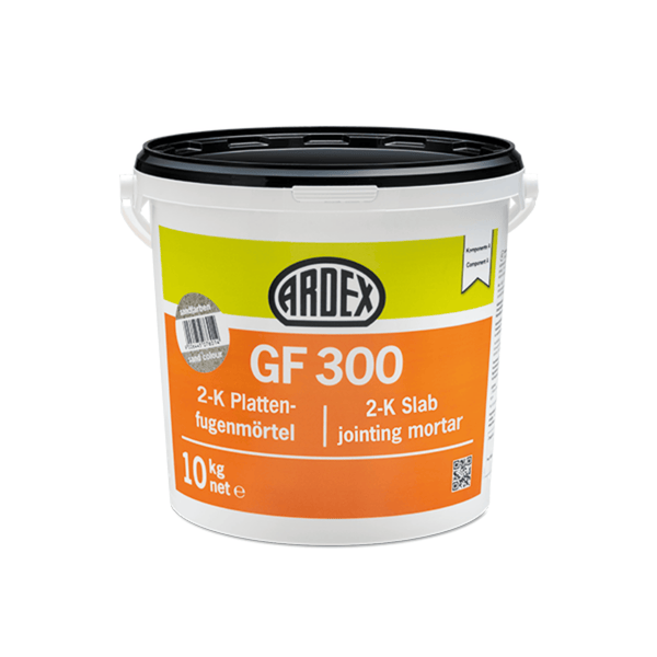 ARDEX GF 300 kétkomponensű, reaktívgyanta kötésű fugahabarcs kültéri burkolatokhoz, vízáteresztő, kopásálló és fagyálló tulajdonságokkal.