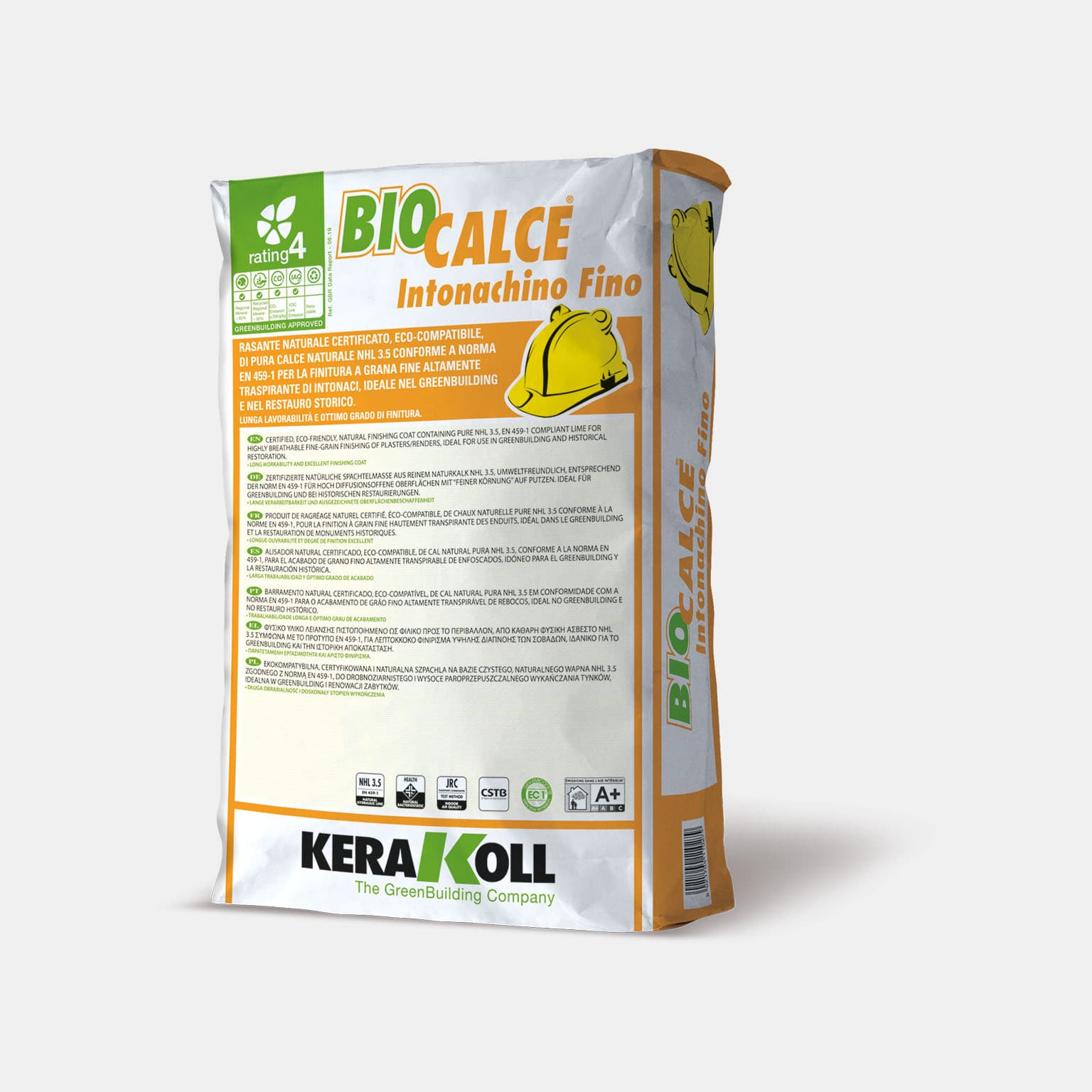 Kerakoll Biocalce Intonachino Fino: Tanúsított, öko‑kompatibilis, NHL 3.5 természetes tiszta mészből készült, az EN 459‑1 szabványnak megfelelő természetes simító anyag vakolatok magas lélegzőképességű és finom szemcsés kidolgozásához.