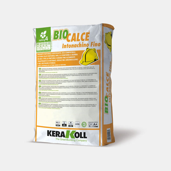 Kerakoll Biocalce Intonachino Fino: Tanúsított, öko‑kompatibilis, NHL 3.5 természetes tiszta mészből készült, az EN 459‑1 szabványnak megfelelő természetes simító anyag vakolatok magas lélegzőképességű és finom szemcsés kidolgozásához.