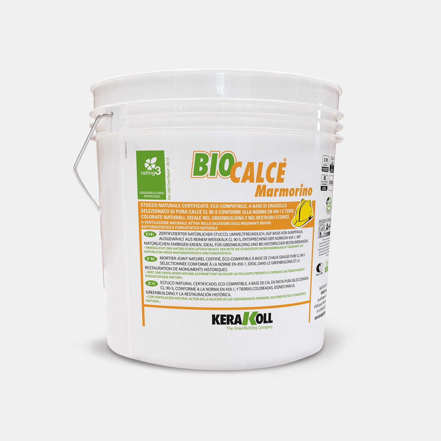 Kerakoll Biocalce Marmorino: Tanúsított, öko‑kompatibilis dekorációs bevonat, mely EN 459‑1 szabványnak megfelelő, válogatott, tiszta CL90‑S mészhabarcsot és természetes, föld alapúszínezéket tartalmaz.