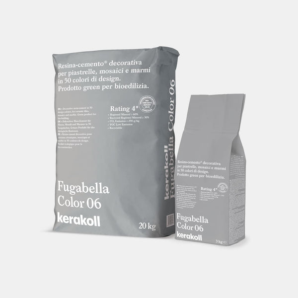 Kerakoll Fugabella Color: dekorációs Resina‑cemento® (műgyanta‑cement) burkolólapok, mozaikok és márványok díszítéséhez 50 design színben.
