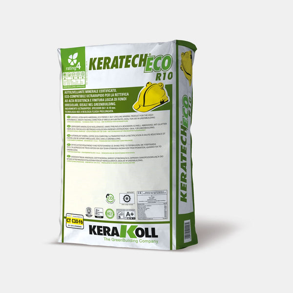 Kerakoll Keratech Eco R10: Ásványi eredetű, tanúsított, öko-kompatibilis, ultra gyors aljzatkiegyenlítő anyag, egyenetlen aljzatok nagy ellenálló képességű és rétegvastagságú javítására.