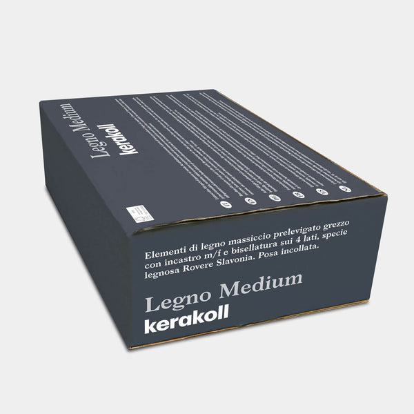 A Kerakoll Legno Medium egy előre csiszolt, csiszolatlan, többrétegű facsíkok szláv tölgyfából, 4 oldalon hornyolt nyelvvel és fazonnal.
