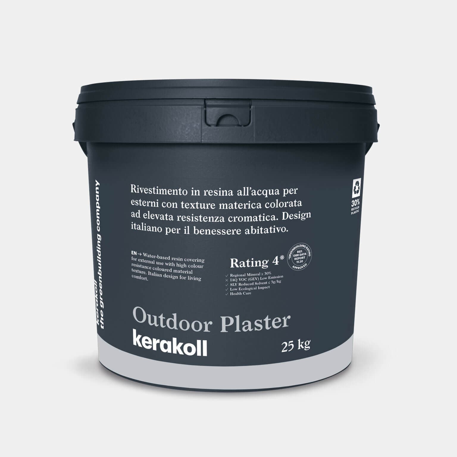 Kerakoll Outdoor Plaster: Gyantaburkolat külső használatra, színes testű anyagszerkezettel és magas színtartóssággal.