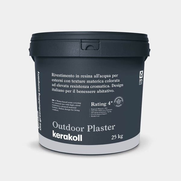 Kerakoll Outdoor Plaster: Gyantaburkolat külső használatra, színes testű anyagszerkezettel és magas színtartóssággal.