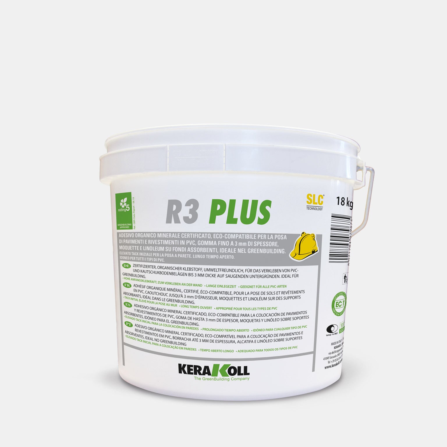 A Kerakoll R3 Plus egy Öko‑kompatibilis, tanúsított, ásványi eredetű szerves ragasztó PVC, LVT, legfeljebb 3 mm vastag gumi‑, padlószőnyeg és linóleum padlók és burkolatok lerakásához nedvszívó aljzatra, ideális használatra a GreenBuildingben.