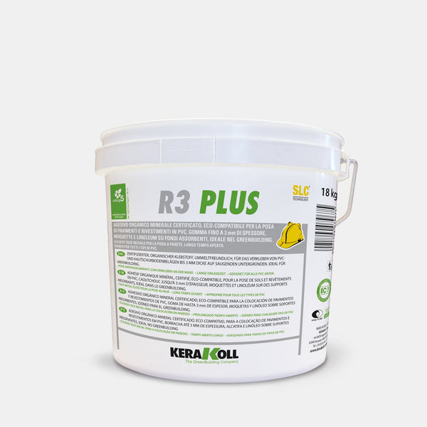 A Kerakoll R3 Plus egy Öko‑kompatibilis, tanúsított, ásványi eredetű szerves ragasztó PVC, LVT, legfeljebb 3 mm vastag gumi‑, padlószőnyeg és linóleum padlók és burkolatok lerakásához nedvszívó aljzatra, ideális használatra a GreenBuildingben.