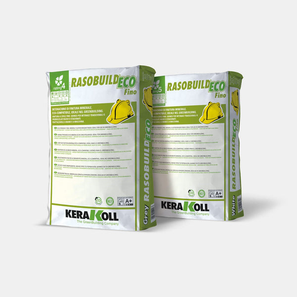 Kerakoll Rasobuild Eco Fino: Öko‑kompatibilis, ásványi eredetű, mész‑márványpor tartalmú simító glett.