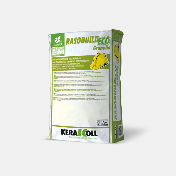 Kerakoll Rasobuild Eco Granello: Öko‑kompatibilis, ásványi eredetű, mész‑márványpor tartalmú simító glett.
