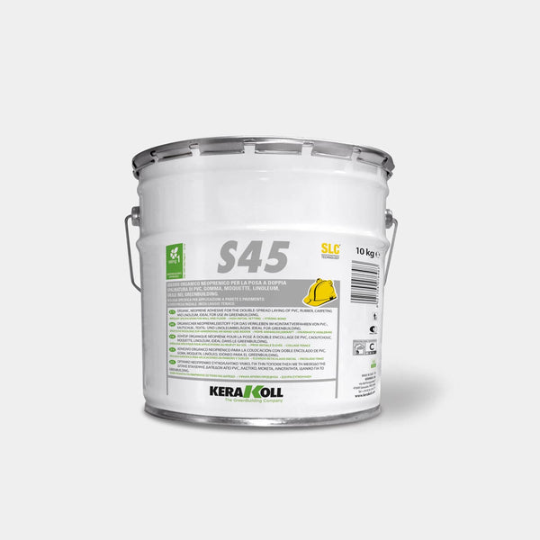 A Kerakoll S45 egy szerves neoprén ragasztó, PVC, gumi, padlószőnyeg, linóleum lerakásához kétszeri kenéssel, ideális használatra a GreenBuildingben.