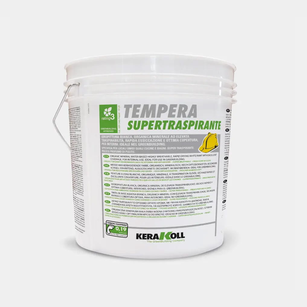 Kerakoll Tempera Supertranspiratne Fehér beltéri falfesték párás terekbe — V1 vízgőz-áteresztés, nem hámlik. Fürdőszobába, konyhába, garázsba, pincébe