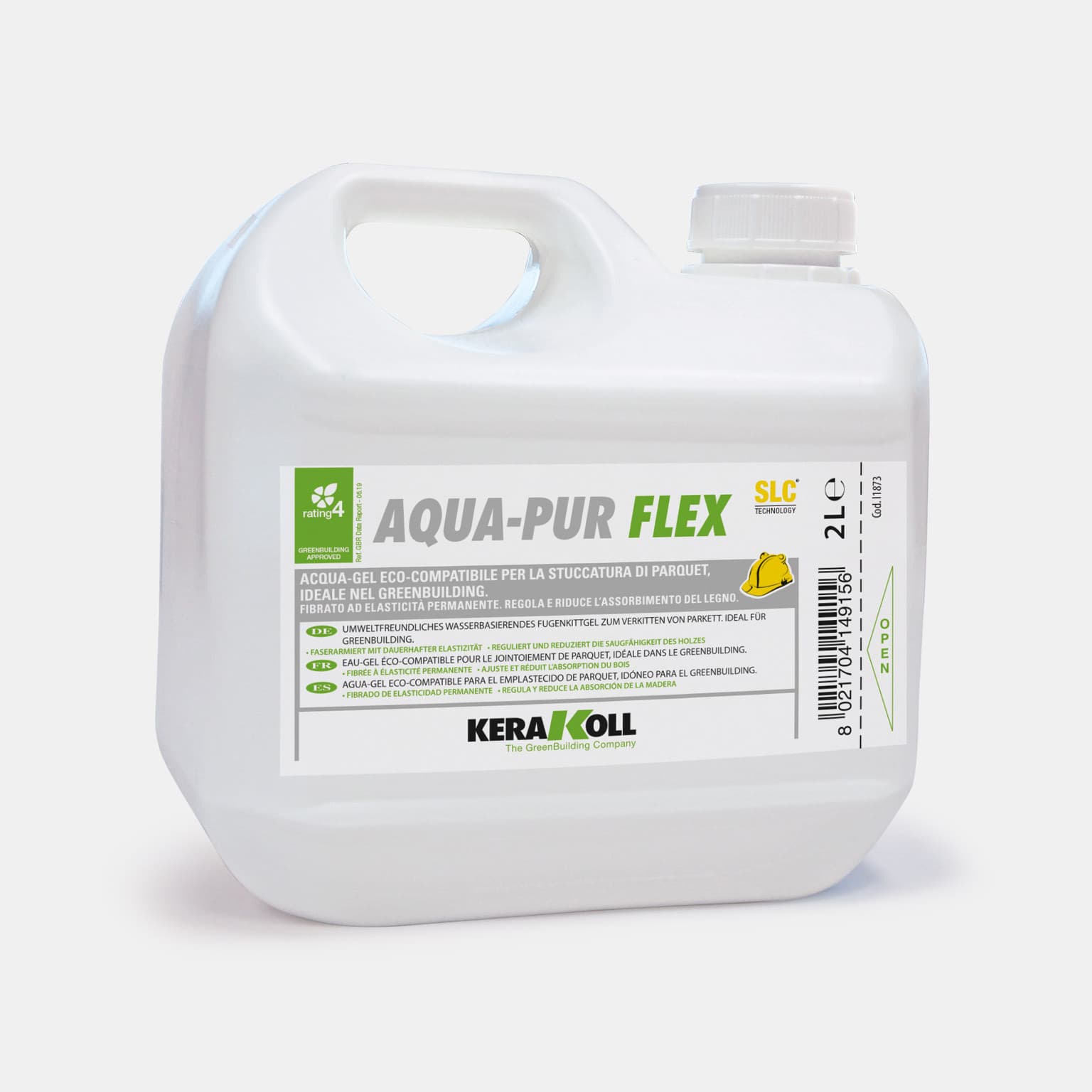 A Kerakoll Aqua-Pur Flex egy Öko‑kompatibilis víz bázisú gél, parketta hézagkitöltéshez, ideális használatra a GreenBuildingben.