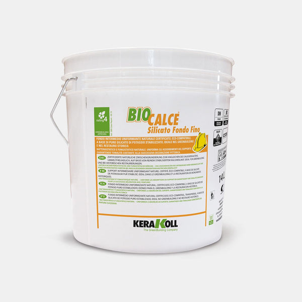 Kerakoll Biocalce Silicato Fondo Fino: Tanúsított, öko‑kompatibilis tiszta stabilizált kálium szilikát alapú, természetes köztes egységesítő alapozó. 