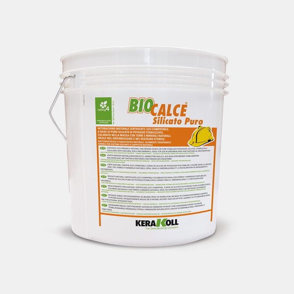 Kerakoll Biocalce Silicato Puro 1,2: Tanúsított, öko-kompatibilis stabilizált tiszta kálium szilikát alapú anyagában természetes földdel és ásványokkal színezett természetes fedővakolat.