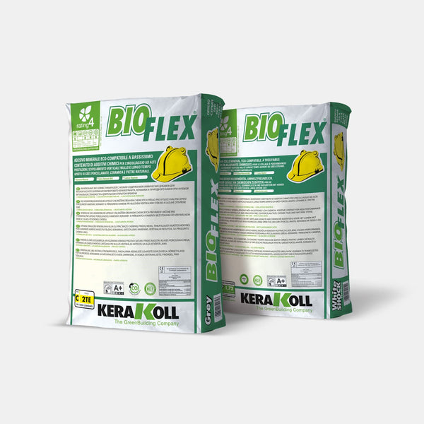 Kerakoll Bioflex: Öko‑kompatibilis, alacsony vegyianyag‑tartalmú ásványi ragasztó greslapok, kerámia és természetes kő nagy teljesítményű, függőleges felületen megcsúszásmentes, hosszú nyitott idejű ragasztásához