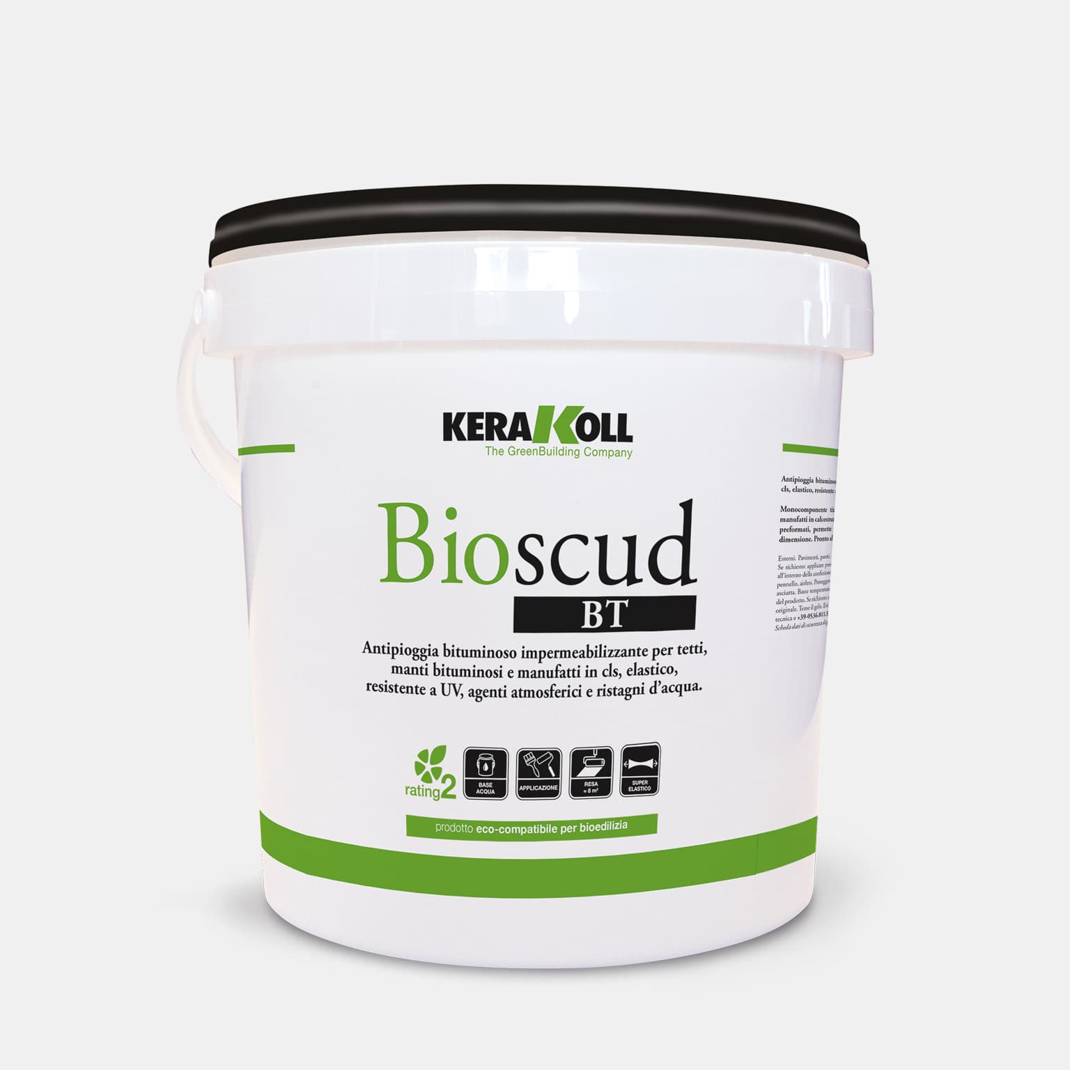 A Kerakoll Bioscud BT egy elasztomer, UV‑sugárzásnak, légköri hatásoknak és pangó víznek ellenálló, tixotróp bitumenes csapadékvédő vízszigetelő termék tetőkhöz, bitumenes lemezekhez és beton műtárgyakhoz.