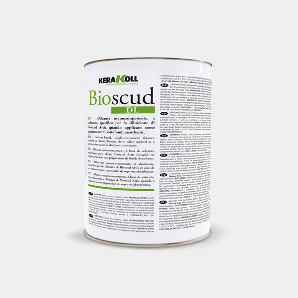 A Kerakoll Bioscud DL egy speciális hígító a Bioscud Artic színes elasztomer esőálló vízszigetelő védelem hígítására, amikor előkészítő rétegként alkalmazzák nedvszívó aljzatokra.