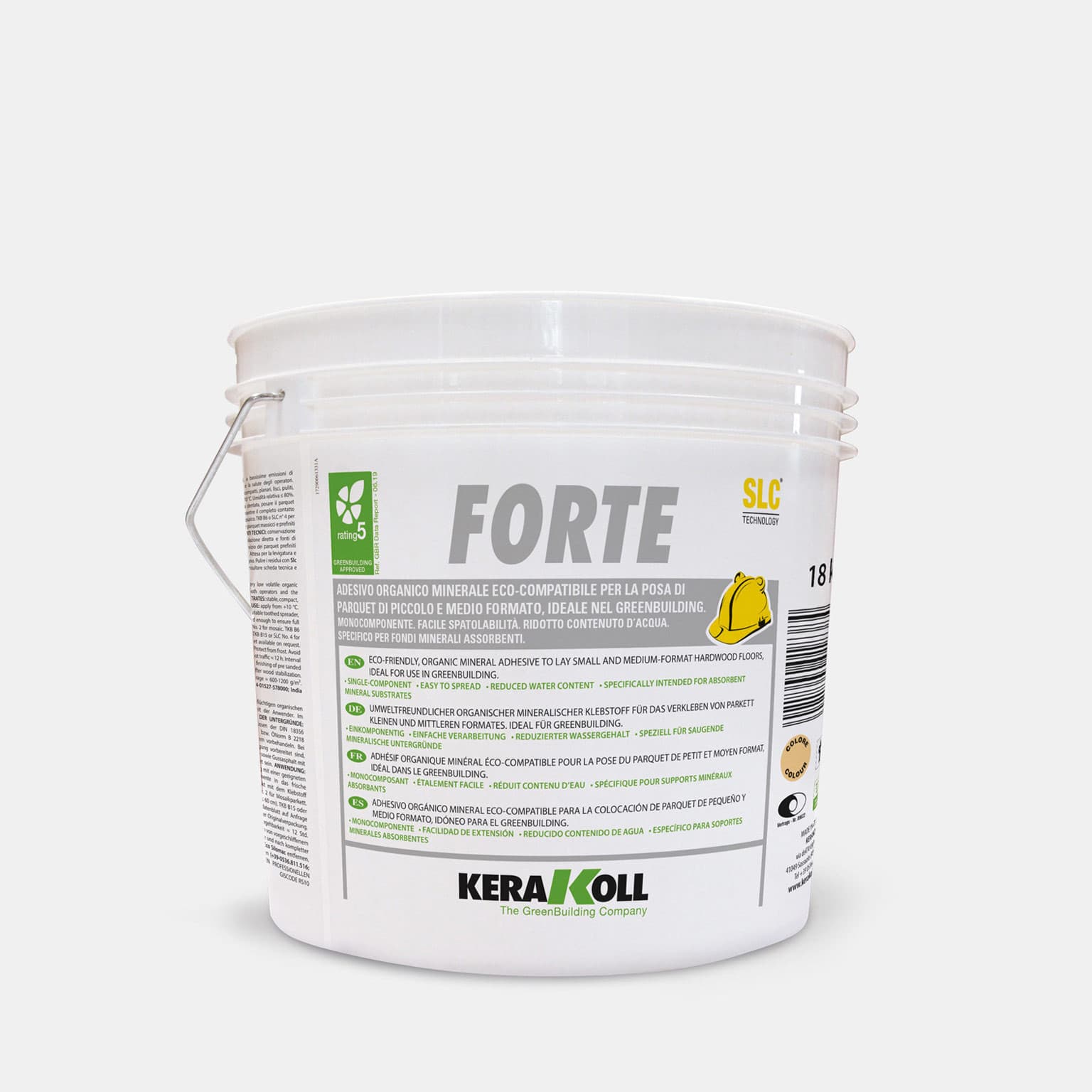 A Kerakoll Forte egy tanúsított, öko‑kompatibilis, szerves ásványi alapú ragasztó kis és közepes formátumú parketta leragasztásához, ideális a GreenBuildingben való használatra. 