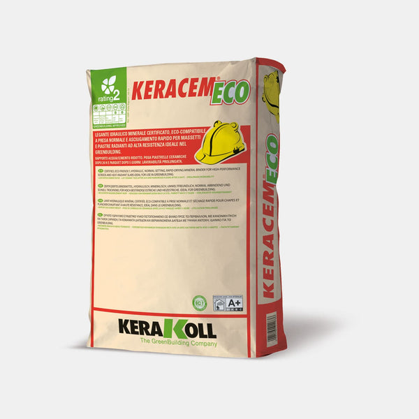 Kerakoll Keracem Eco: Öko‑kompatibilis, ásványi, normál kötésidejű és gyorsan száradó tanúsított, hidraulikus kötőanyag, nagy ellenálló képességű esztrichekhez és padlófűtéshez.