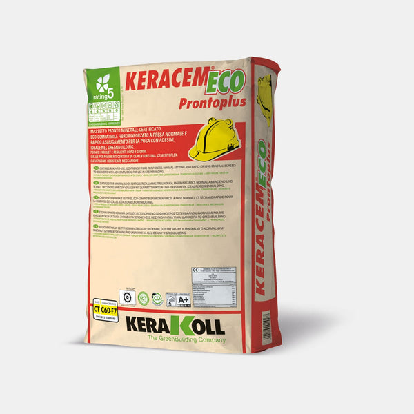 Kerakoll Keracem Eco Prontoplus: Öko‑kompatibilis, szálerősített, tanúsított, normál kötésű és gyorsan száradó ásványi kész esztrich ragasztóval történő burkoláshoz