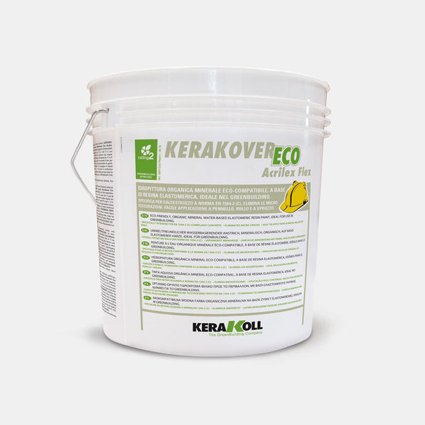 Kerakoll Kerakover Eco Acrilex Flex: Öko‑kompatibilis szerves ásványi, víz bázisú elasztomeres gyanta festék, ideális a GreenBuildinghez.