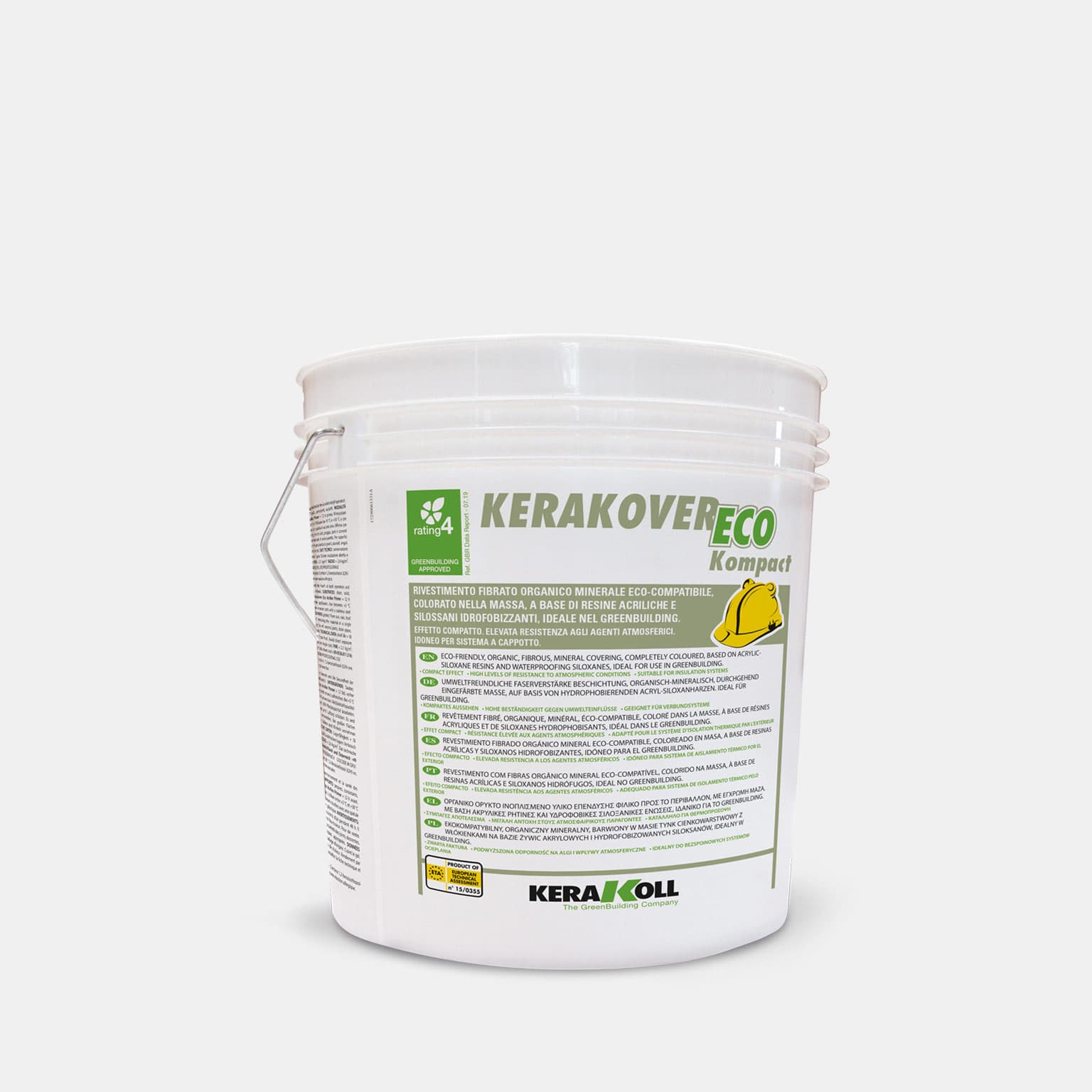 Kerakoll Kerakover Eco Kompact 2.0 ‑ 2.5: Öko‑kompatibilis szálerősített, szerves ásványi eredetű, anyagában színezett, víztaszító akril‑műgyanta és víztaszító sziloxán alapú, vizes bázisú nemesvakolat, ideális a GreenBuildingnél.