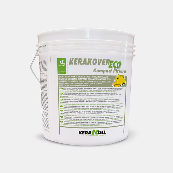 Kerakoll Kerakover Eco Kompact Pittura: Öko‑kompatibilis, szerves, ásványi alapú, viz bázisú akril festék, víztaszító sziloxánnal, kiemelkedő kitöltő és fedő képességű, matt és kompakt hatású, ideális a GreenBuildingnél.