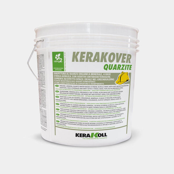 Kerakoll Kerakover Quarzite: Szerves ásványi kvarc alapú, víz bázisú, matt hatású sztirol‑akril fedő festék, biológiai kártevők elleni adalékokkal, ideális a GreenBuildingnél