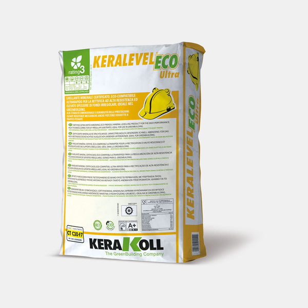 Kerakoll Keralevel Eco Ultra: Ásványi eredetű, tanúsított, öko‑kompatibilis, ultra gyors aljzatkiegyenlítő anyag egyenetlen aljzatok nagy ellenálló képességű és rétegvastagságú javítására, ideális a GreenBuildinghez. 