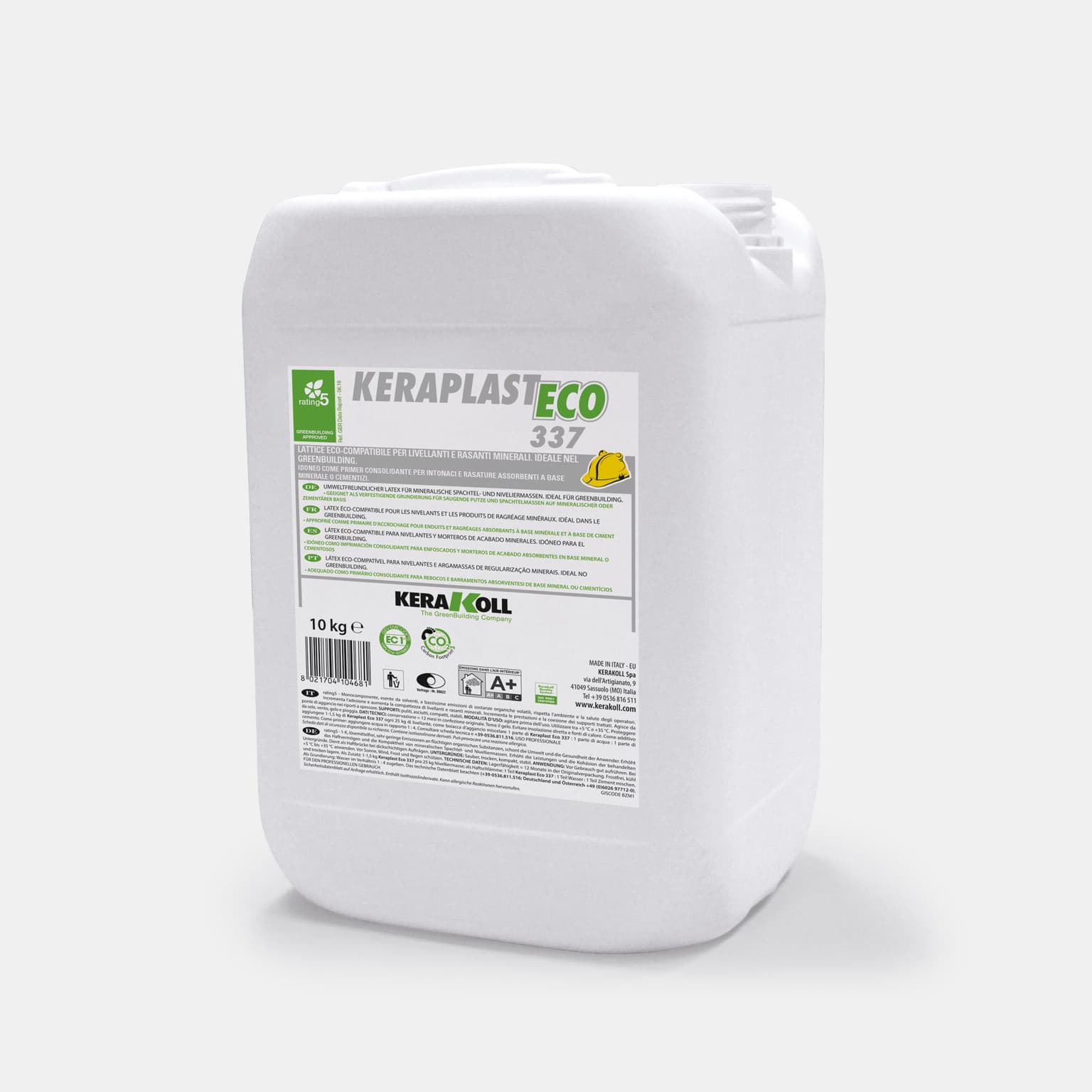 Kerakoll Keraplast Eco 337: Öko-kompatibilis, vizes alapú latex normál és gyors kötésidejű ásványi alapú aljzatkiegyenlítőkhöz és simítókhoz.