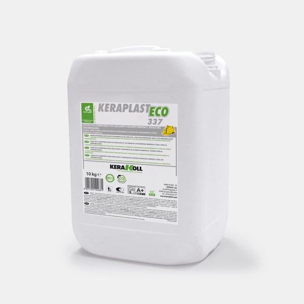 Kerakoll Keraplast Eco 337: Öko-kompatibilis, vizes alapú latex normál és gyors kötésidejű ásványi alapú aljzatkiegyenlítőkhöz és simítókhoz.