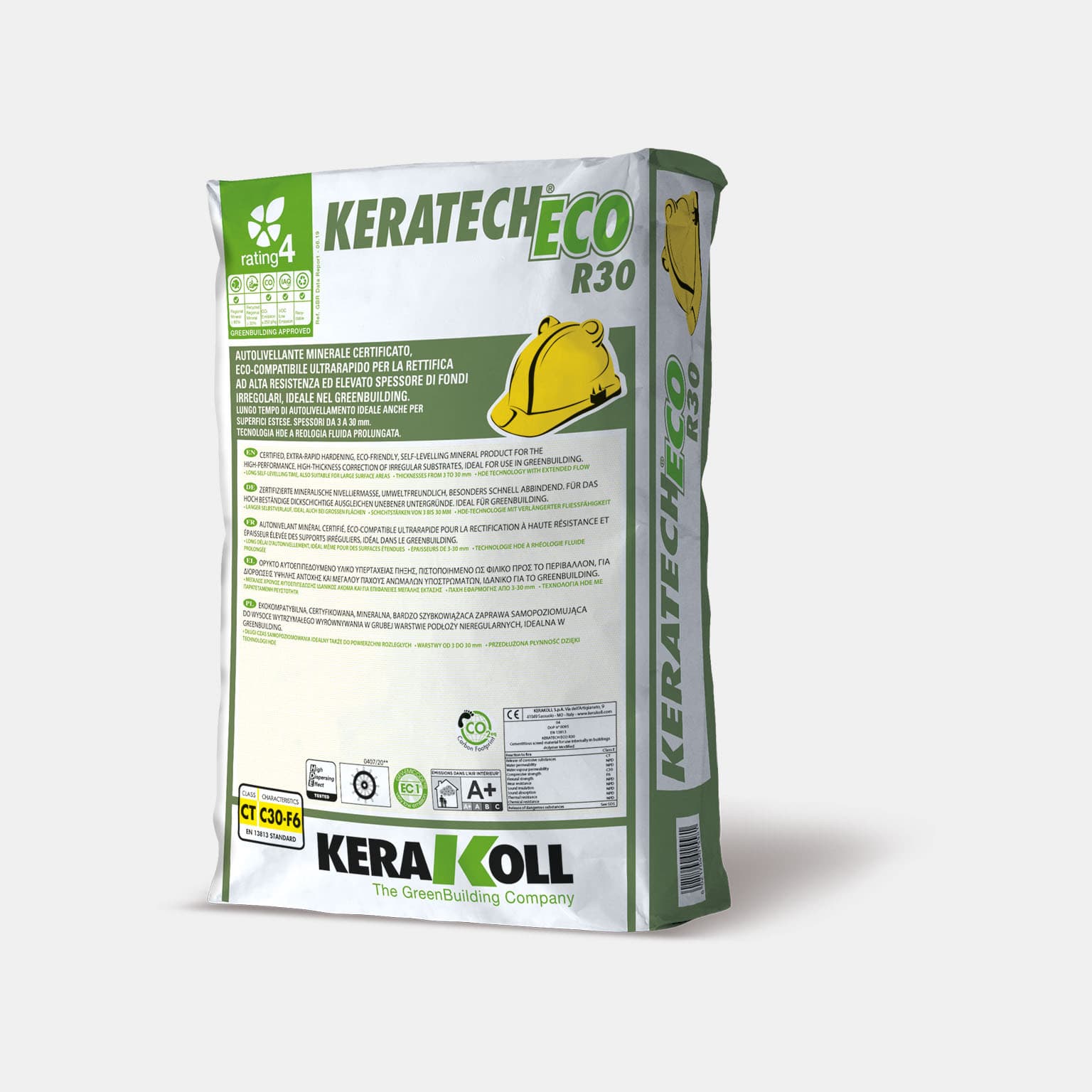 Kerakoll Keratech Eco R30: Ásványi eredetű, tanúsított, öko-kompatibilis, ultra gyors aljzatkiegyenlítő anyag, egyenetlen aljzatok nagy ellenálló képességű és rétegvastagságú javítására. 