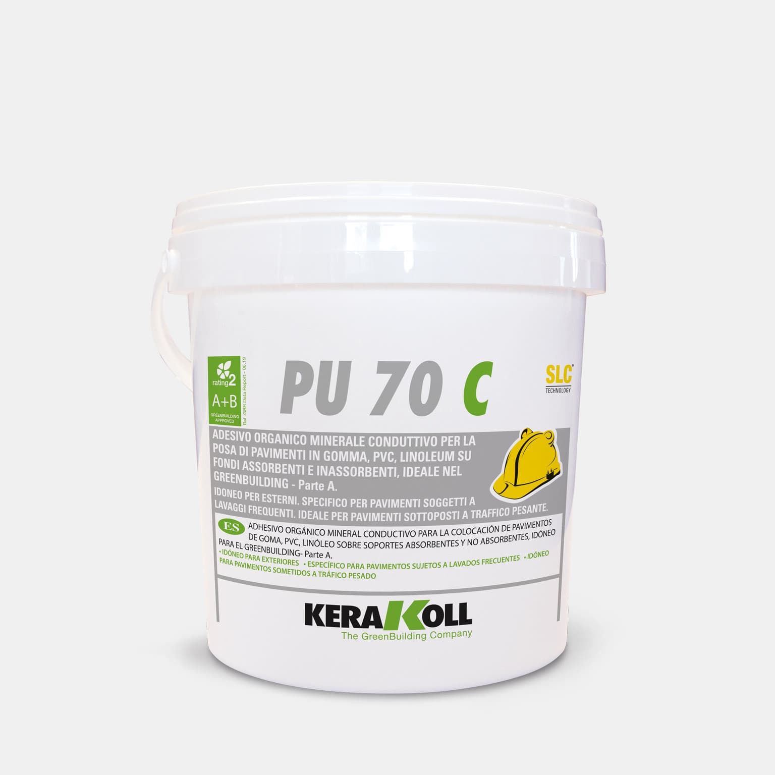A Kerakoll PU 70 C egy Ásványi eredetű, vezetőképes, szerves ragasztó vezetőképes gumi‑, PVC‑, linóleumpadlók lerakásához nedvszívó és nem nedvszívó aljzatra, ideális használatra a GreenBuildingben.