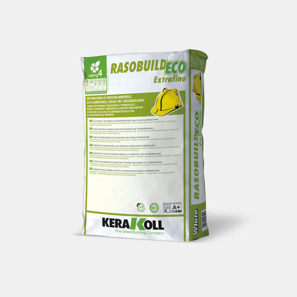 Kerakoll Rasobuild Eco Extrafino: Öko‑kompatibilis, ásványi eredetű, mész‑márványpor tartalmú simító glett.