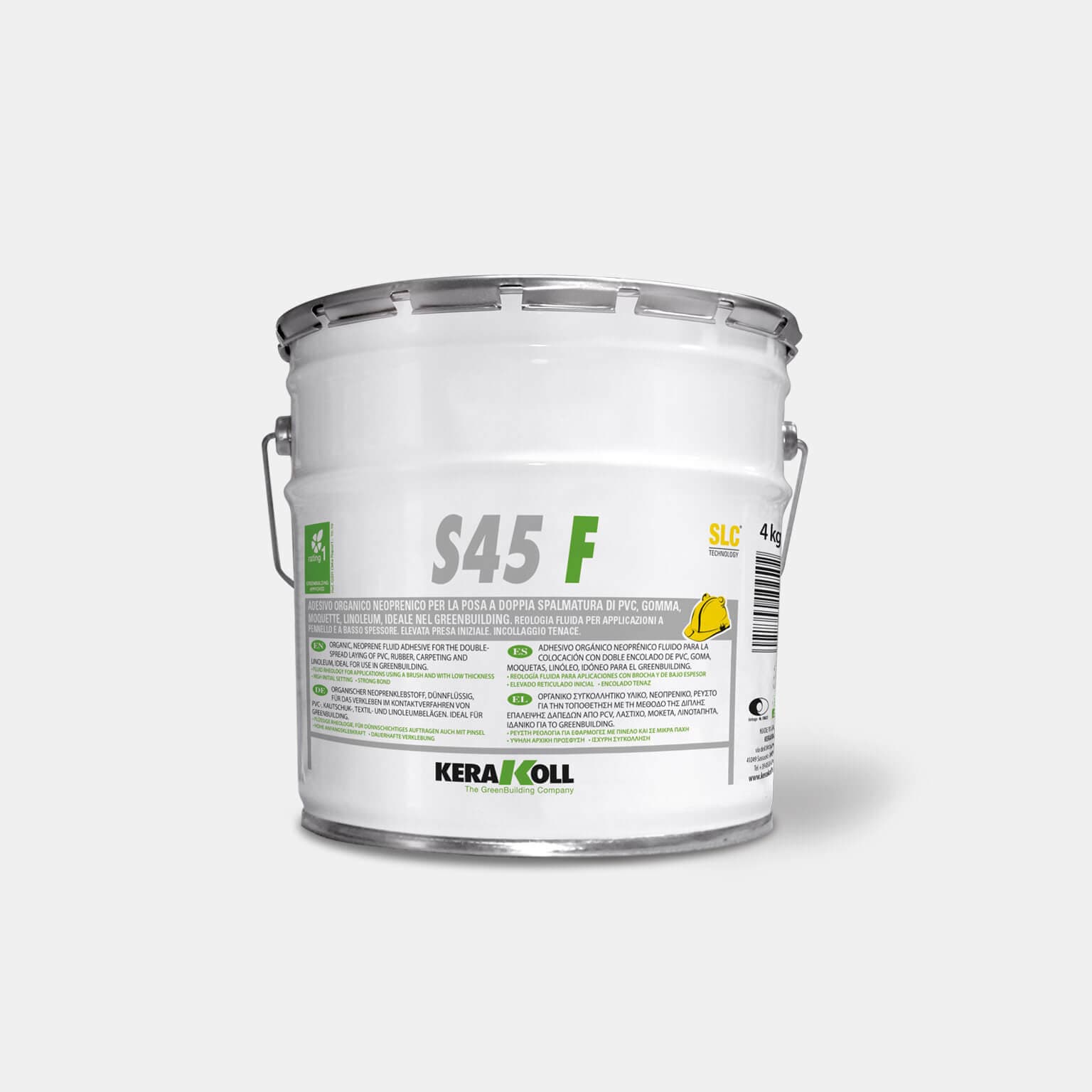 A Kerakoll S45 F egy szerves neoprén folyékony ragasztó PVC, gumi, padlószőnyeg, linóleum kétszeres kenésű lerakásához, ideális használatra a GreenBuildingben. 