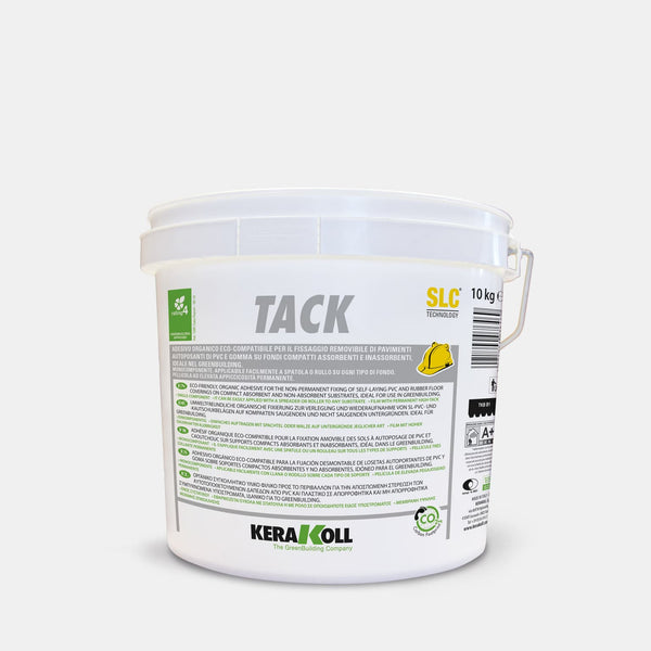 A Kerakoll Tack egy Öko‑kompatibilis, szerves fixáló önfekvő PVC és gumi padlók eltávolítható lerakásához tömör nedvszívó és nem nedvszívó aljzatra, ideális használatra a GreenBuildingben. 